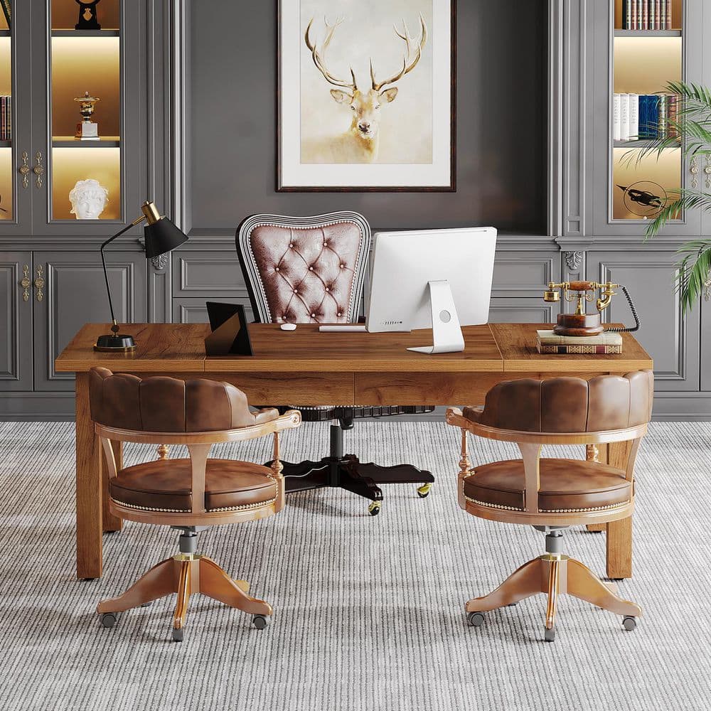 Capen 70.8" Rectangle Brown Wood Home Office Computer Desk Study Writing Table Farmhouse Workstation Thickened Frame