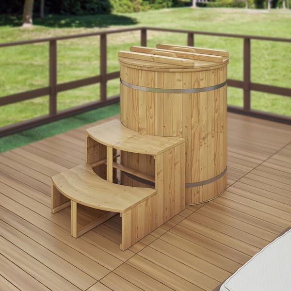 66 Gal. Cold Plunge 1-Person 0-Jet Round Bamboo Tub with Steps and Cover
