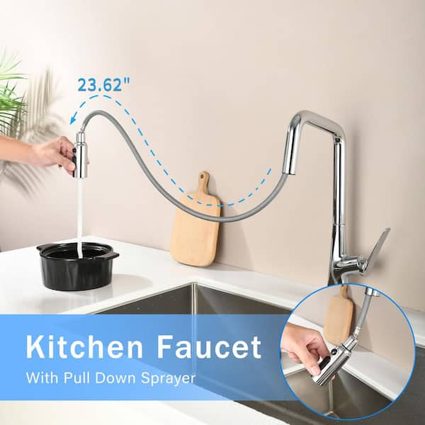 Chrome 16.7 in. H Pull Down Sprayer Kitchen Faucet with 360° Spout Swivel
