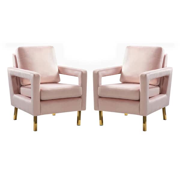 JAYDEN CREATION Anika Modern Pink Comfy Velvet Arm Chair with Stainless Steel Legs and Square Open-framed Arm (Set of 2)