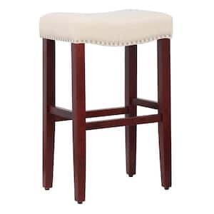 Jameson 29 in. Bar Height Cherry Wood Backless Nailhead Trim Barstool with Upholstered Beige Linen Saddle Seat Stool