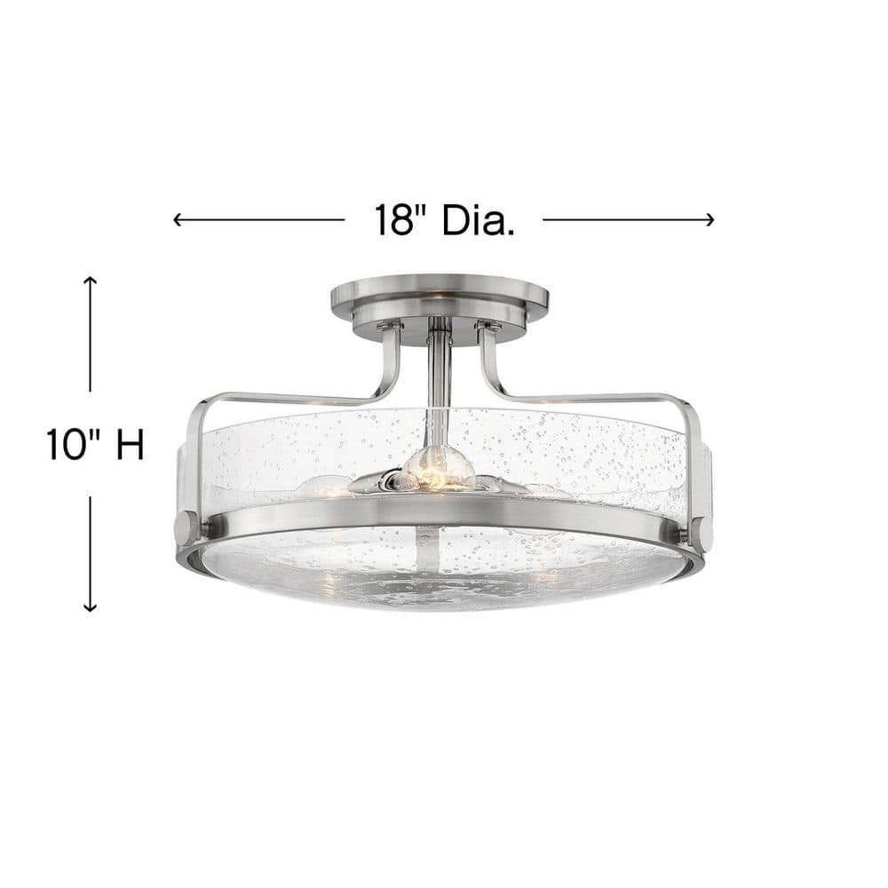 Harper Brushed Nickel Clear Seedy Glass 3-Light Semi-Flush Mount