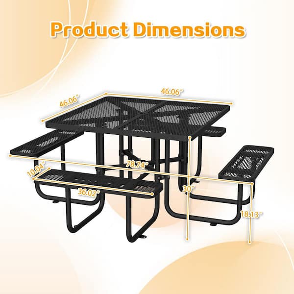 Hohuqeri 78.74 in. Black Square Steel Picnic Table Seats 4-8