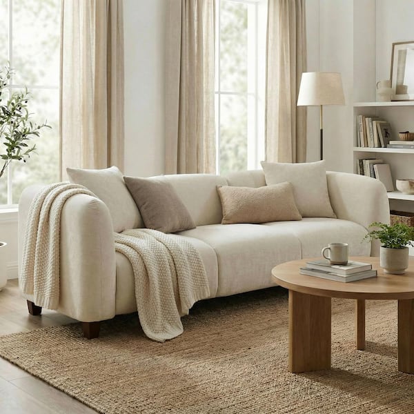 87 in. W Round Arm Chenille Upholstered Rectangle Modern 3 Seater Sofa in Beige with 2 Pillows