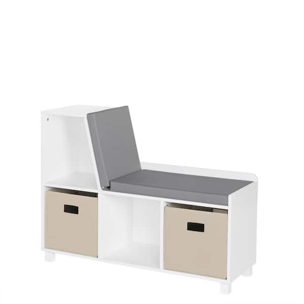 RiverRidge Home 35 in. Wide Painted Kids Reading Nook Cushioned Toy Storage Bench with Cubby Organizers and 2-Taupe Fabric Bins