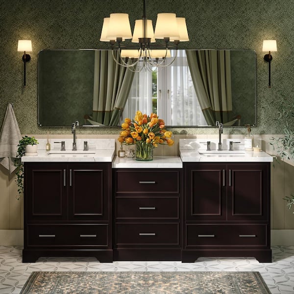ARIEL Stafford 85 in. W x 22 in. D x 36 in. H Double Sink Bath Vanity in Espresso with Carrara White Quartz Top