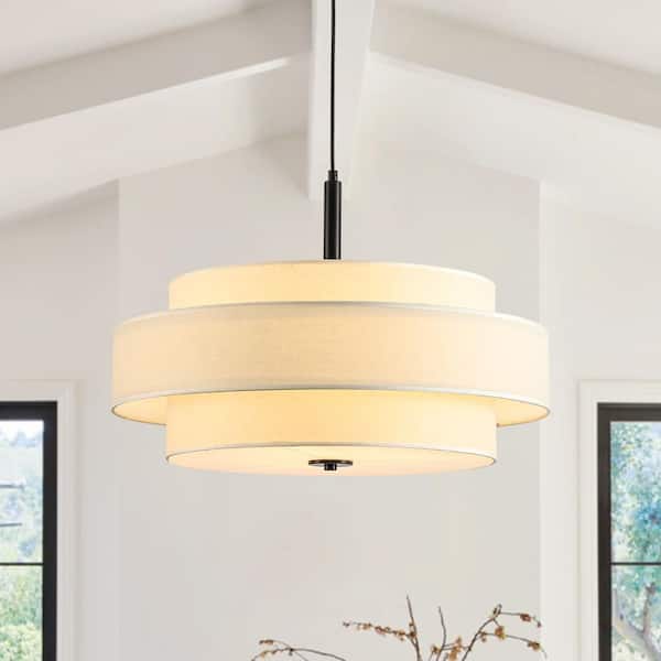 Softline 3-Light 23.6 in. Modern Matte Black Tiered Drum Pendant Light with Linen Fabric Shade