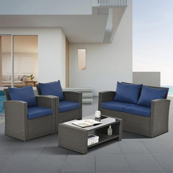 Unbranded Dark Gray 4-Piece Wicker Patio Conversation Set, Outdoor Sectional Set wih Blue Cushions for Backyard Poolside
