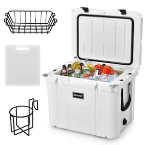 55 Quart Cooler Portable Ice Chest w/Cutting Board Basket for Camping White