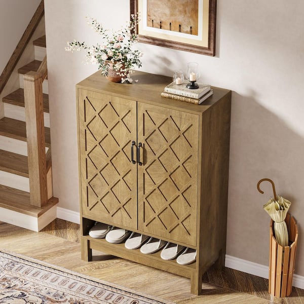 Cezalinda 43.3 in. Wood Brown 6 Tier Shoe Cabinet Storage Farmhouse Rack Organizer Doors Adjustable Shelves Home Office
