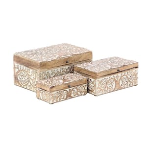 Floral Brown Wood Decorative Box with Hinged Lid 3-Pack