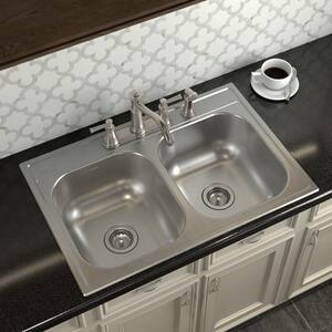 2000 Series Stainless Steel 33 in. 4-Hole Double Bowl Drop-In Kitchen Sink with 8 in. Depth