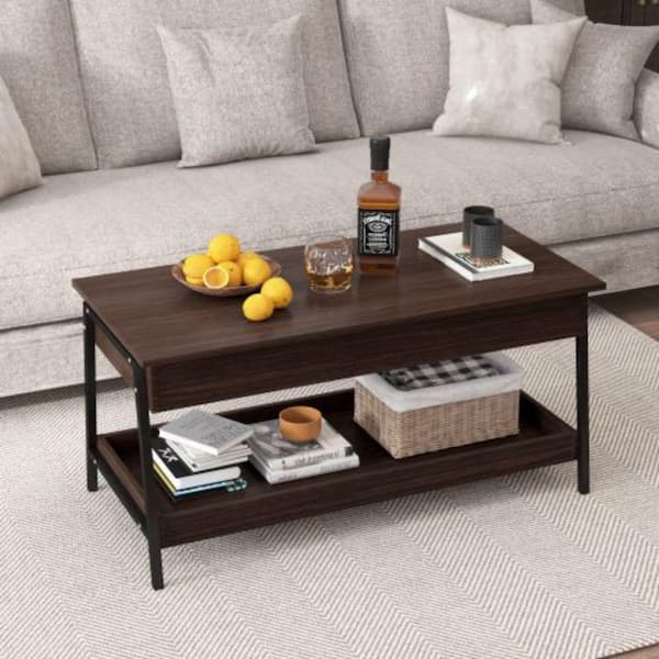 J&E Home 46 in. Brown Modern Minimalist Style Innovative Wooden Lift Top Coffee Table With Pop-up Lockers And Metal Frame