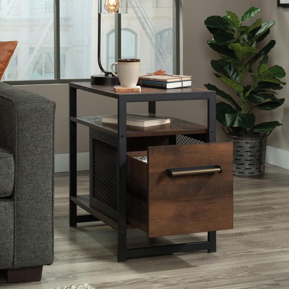 Barrel Oak and Metal Frame Nightstand with Drawer