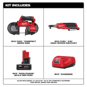 M12 FUEL 12-Volt Lithium-Ion Cordless Compact Band Saw and M12 FUEL High Speed 3/8 in. Ratchet with Battery and Charger