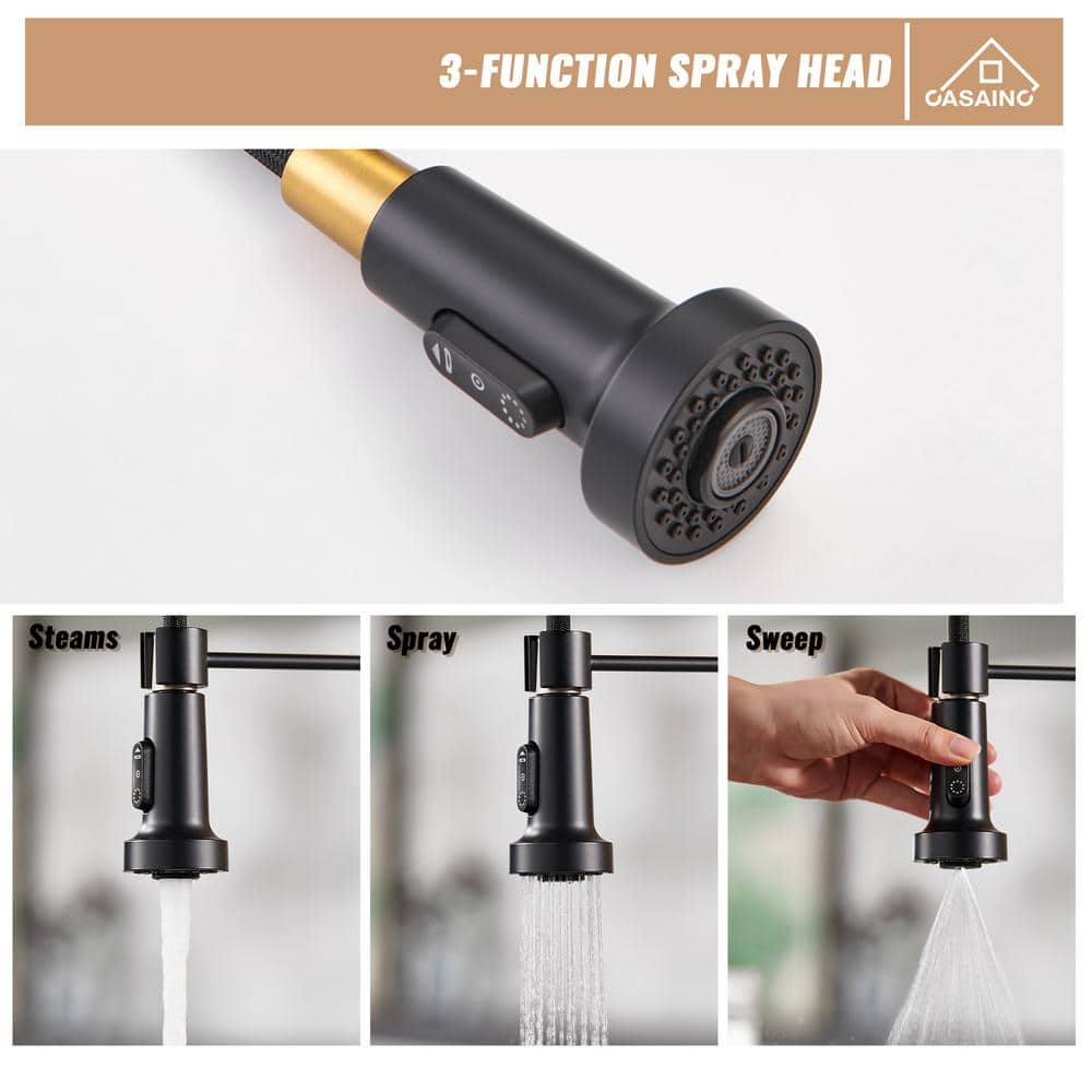 Matte Black and Brushed Gold Stainless Steel Pull-Down Kitchen Faucet
