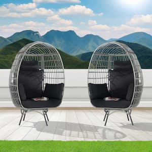 2-Pieces Patio Wicker Swivel Egg Chair, Oversized Indoor Outdoor Egg Chair, Gray Rattan Black Cushions