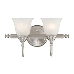 Brunswick 17 in. W x 9 in. H 2-Light Satin Nickel Bathroom Vanity Light with Frosted Glass Shades