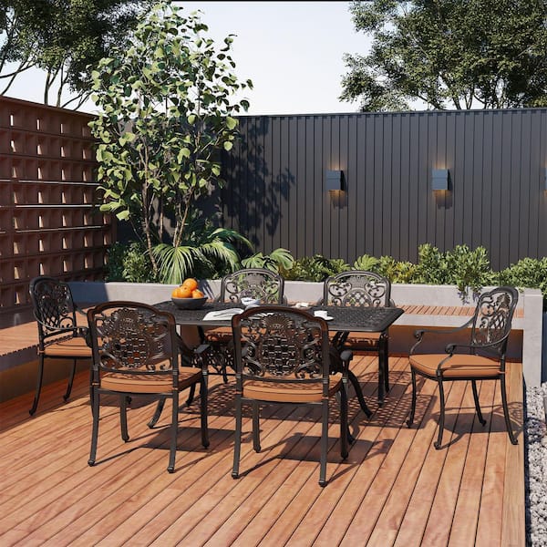 7-Piece Metal Outdoor Dining Set with Removable Cushions, Bronze