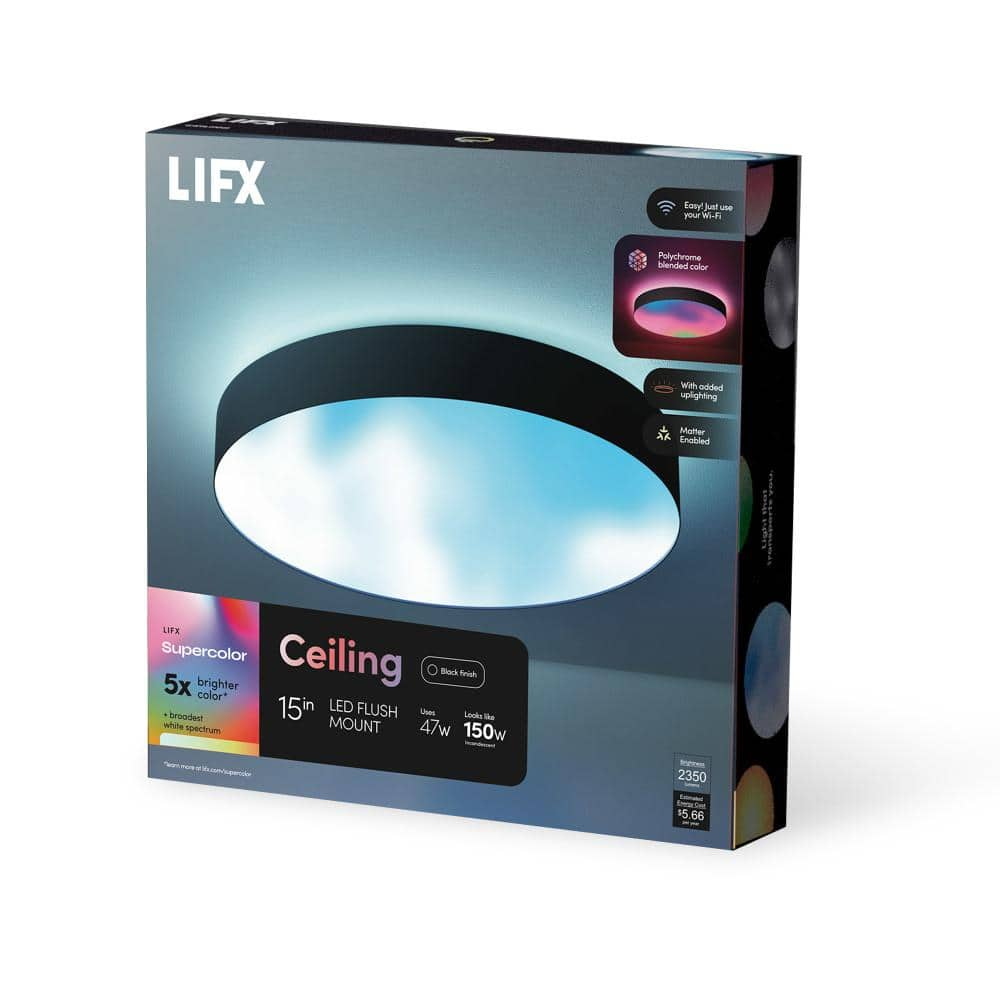 LIFX 15 in. Matte Black Indoor Integrated LED Flush Mount Multi-Color ...