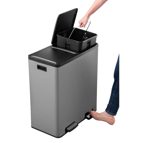 The Step N' Sort 18.5 Gallon Extra Large Capacity, Soft-Step, Dual Trash  and Recycling Bin with Removable Inner Bins, Silver