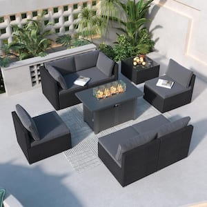 8-Piece Black Wicker Patio Conversation Set with 42 in. Outdoor Fire Pit Table, Coffee Table and Gray Cushions