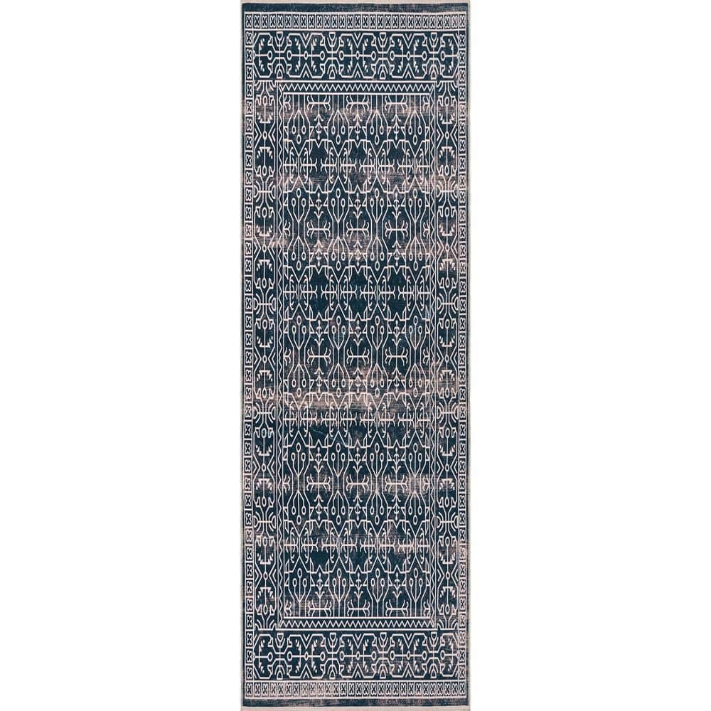 nuLOOM Beverly Navy 3 ft. x 8 ft. Machine Washable Global Inspired ...