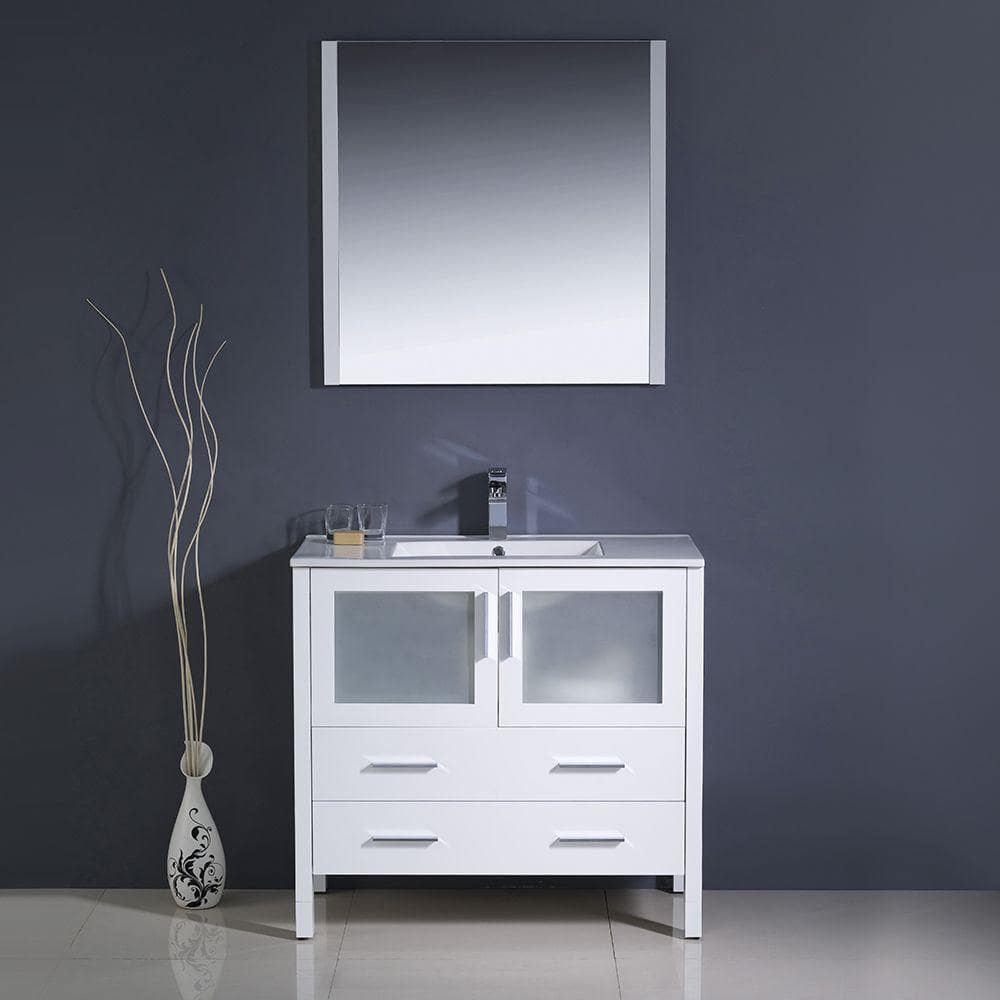Torino 36'' White Ceramic Top Single Vanity Set with Mirror