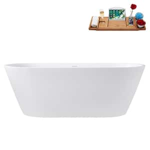 59 in. x 30 in. Acrylic Freestanding Soaking Bathtub in Glossy White with Matte Black Drain, Bamboo Tray