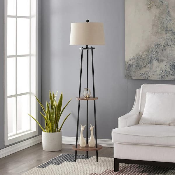 Maxax New York 65 in. Wood Grain and Black Metal Floor Lamp with Table Shelves