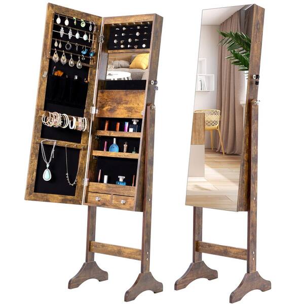 GOGEXX Brown MDF 15 in. W. x 15.7 in. L x 61 in. H Free Standing Jewelry Armoire with LED Light and Mirror