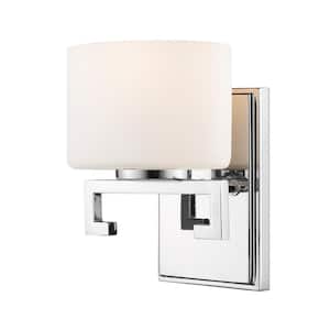 Privet 6.75 in. 1-Light Chrome Integrated LED Shaded Vanity Light with Matte Opal Glass Shade