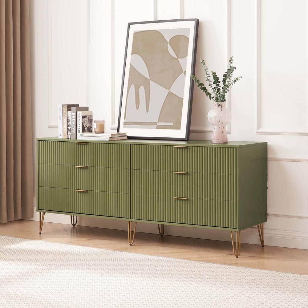 Olive Green Vertical Ribbed 6-Drawer Double Dresser with Soft Close