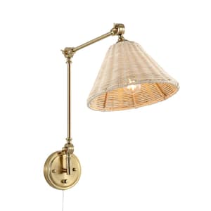 Brass with Rattan Lamp Shade Swing Arm Wall Lamp