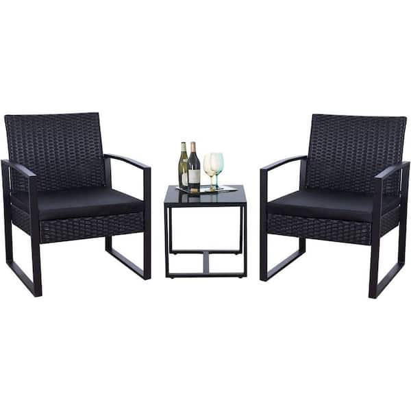 Unbranded 3-Piece Patio Set Wicker Patio Furniture, Bistro Set Rattan Chairs with Coffee Table for Patio and Bistro (Black)