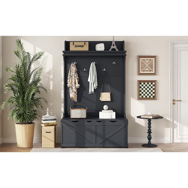 URTR Dark Blue Hall Tree with Flip Top Storage Bench and 5 Hanging