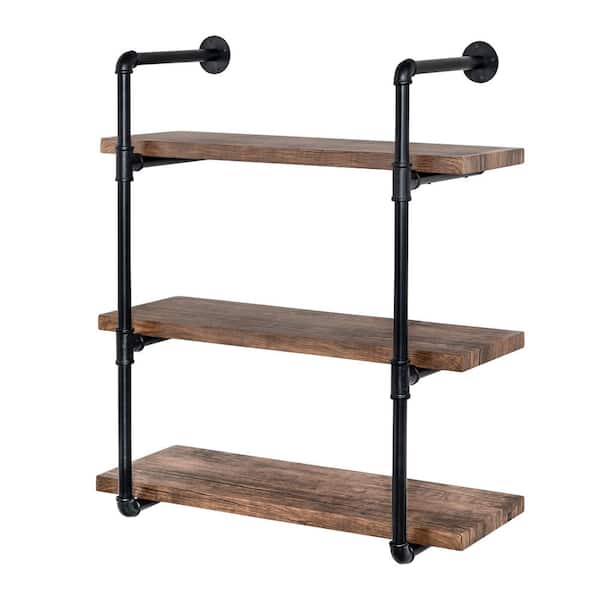 Honey-Can-Do 9 in. x 31.5 in. x 35.4 in. Black Steel and Wood 3-Tier Industrial Wall Shelf