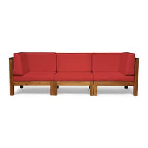 Brava Teak Brown 3-Piece Acacia Wood Outdoor Sectional with Red Cushions