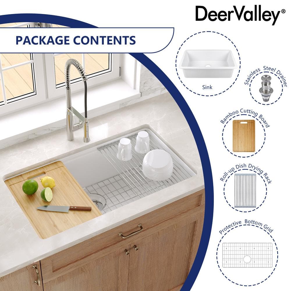 White Fireclay Farmhouse Drop-In Kitchen Sink with Accessories