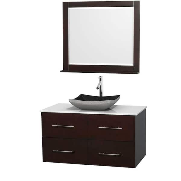 Wyndham Collection Centra 42 in. Vanity in Espresso with Solid-Surface Vanity Top in White, Black Granite Sink and 36 in. Mirror
