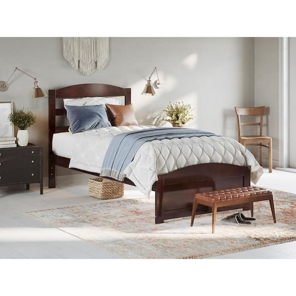 Warren 38-1/4 in. W Walnut Twin Extra Long Solid Wood Frame with Footboard and USB Device Charger Platform Bed
