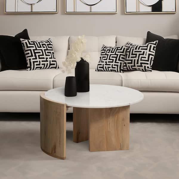 White/Brown 32 in. Round Marble Top Mango Coffee Table
