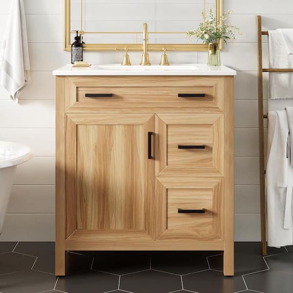 30 in. Freestanding Natural Solid Wood Frame Bath Vanity with White Ceramic Top, Adjustable Shelf