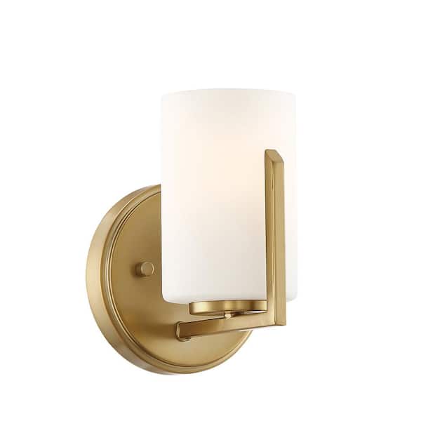 Designers Fountain Elara 5.25 in. 1-Light Brushed Gold Retro Wall Sconce with Etched Glass Shade