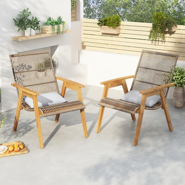 Sungrd Outdoor Wood Cape Woven Wicker Large Lounge Chair in Teak with Gray Pillow, Set of 2