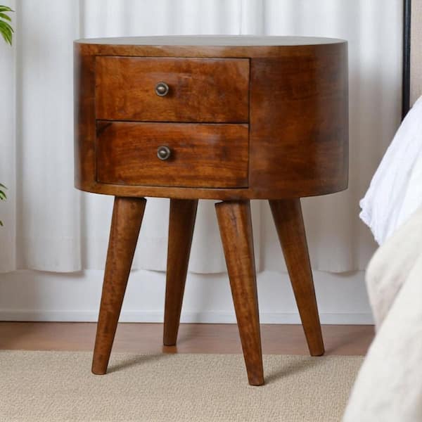 Joshua 17.7 in. Chestnut Round Solid Wood End Side Table with 2 Drawers and 4 Legs