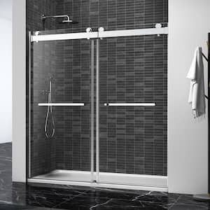 72 in. W x 76 in. H Double Sliding Door with Buffer Frameless Shower Door Clear Glass in Brushed Nickel Finish Handles
