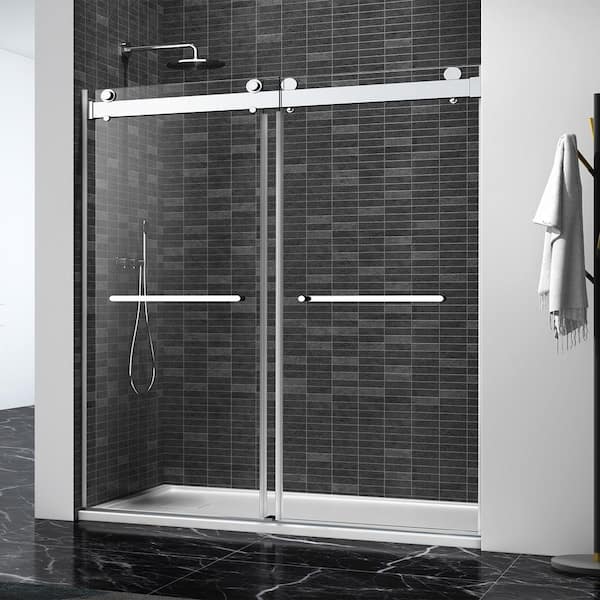 INSTER 72 in. W x 76 in. H Double Sliding Door with Buffer Frameless Shower Door Clear Glass in Brushed Nickel Finish Handles