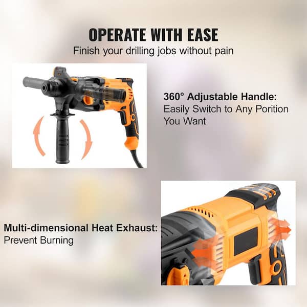 SDS-Plus Rotary Hammer Drill With Vibration Control And Safety Clutch,13 Amp Heavy Duty Demolition Hammer For Concrete-Including 3 Drill Bits,Flat Chisels, Point Chisels, Drill Chuck