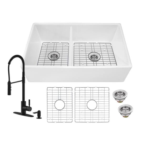IPT Sink Company All-In-One Fireclay 33 in. 40/60 Double Bowl Farmhouse Apron Front Kitchen Sink with Pull Down Faucet in Matte Black